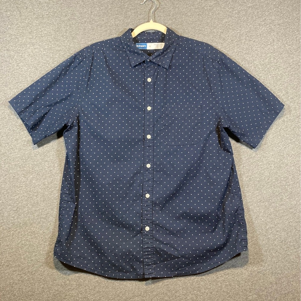 Old Navy Mens Large Regular Fit Built-In Flex Polka Dot Short‎ Sleeve Shirt Navy